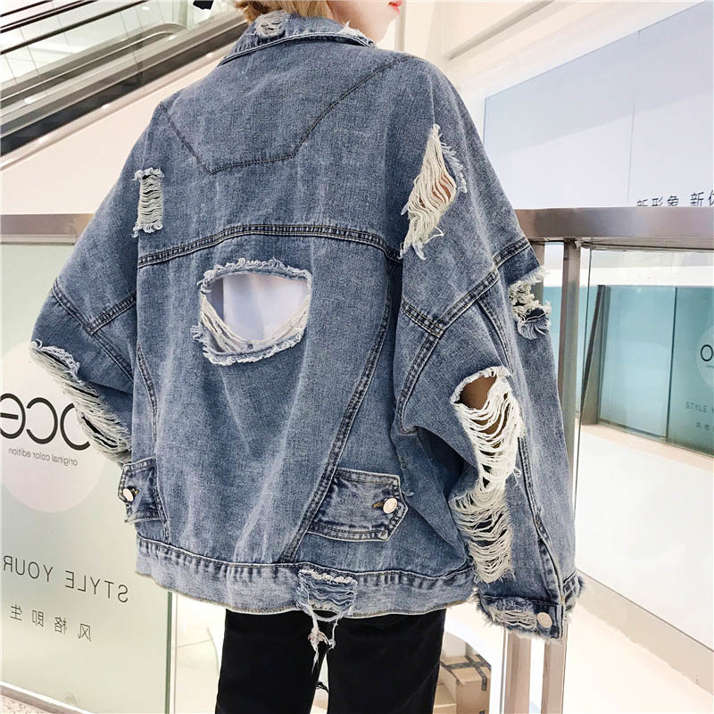 Spring & Autumn Long Sleeve Outerwear Women'S Denim Jacket Jean Parka Coat Ripped Hole Pockets Oversize Female Clothing T200319