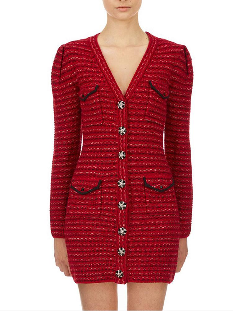 2021 Winter Sweater Dress Women Contrast Color Striped Red Knit Dress V Neck Crystal Buttons Long Sleeve Sheath Mini Robes, Burgundy
2021 Winter Sweater Dress Women Contrast Color Striped Red Knit Dress V Neck Crystal Buttons Long Sleeve Sheath Mini Robes, Burgundy