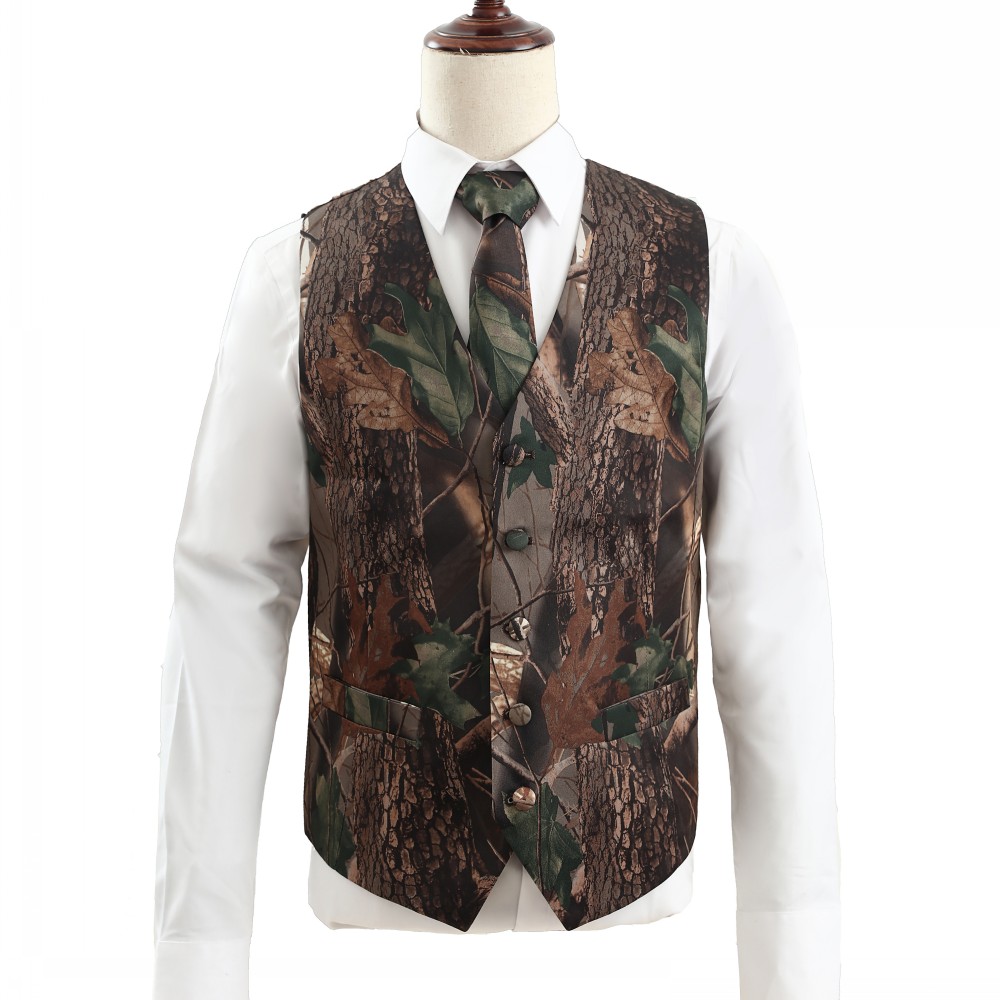 2023 New Camo Groom Vests Country Farm Groomsmen Vest Slim Fit Mens Suit Vest Prom Wedding Waistcoat Attire Hunter (Vest+Bow) Real Imag