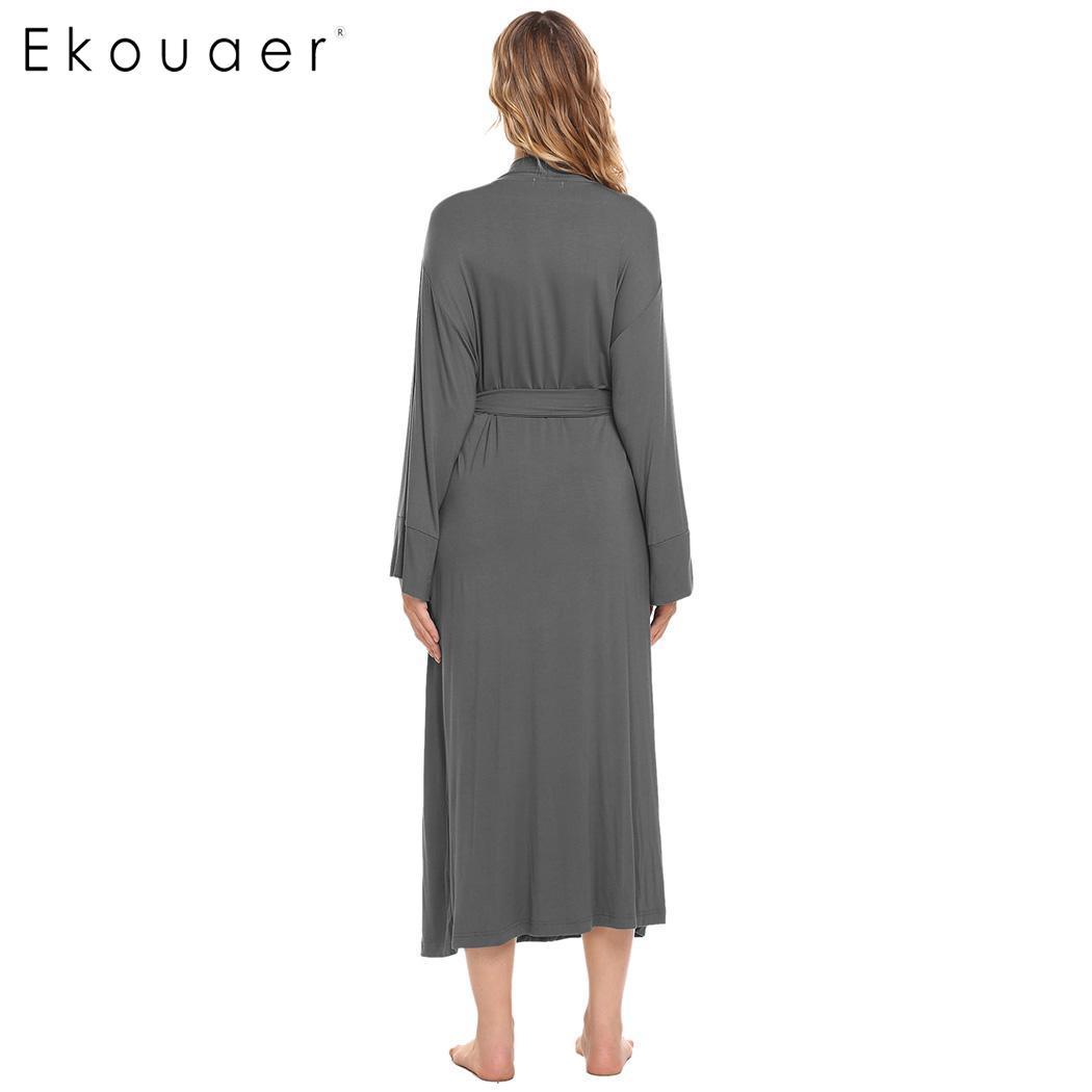 Ekouaer Women Robe Sleepwear Long Kimono Bathrobe Solid Flare Long Sleeve Soft Robe With Belt Female Nightwear Bathroom Spa Robe 210203