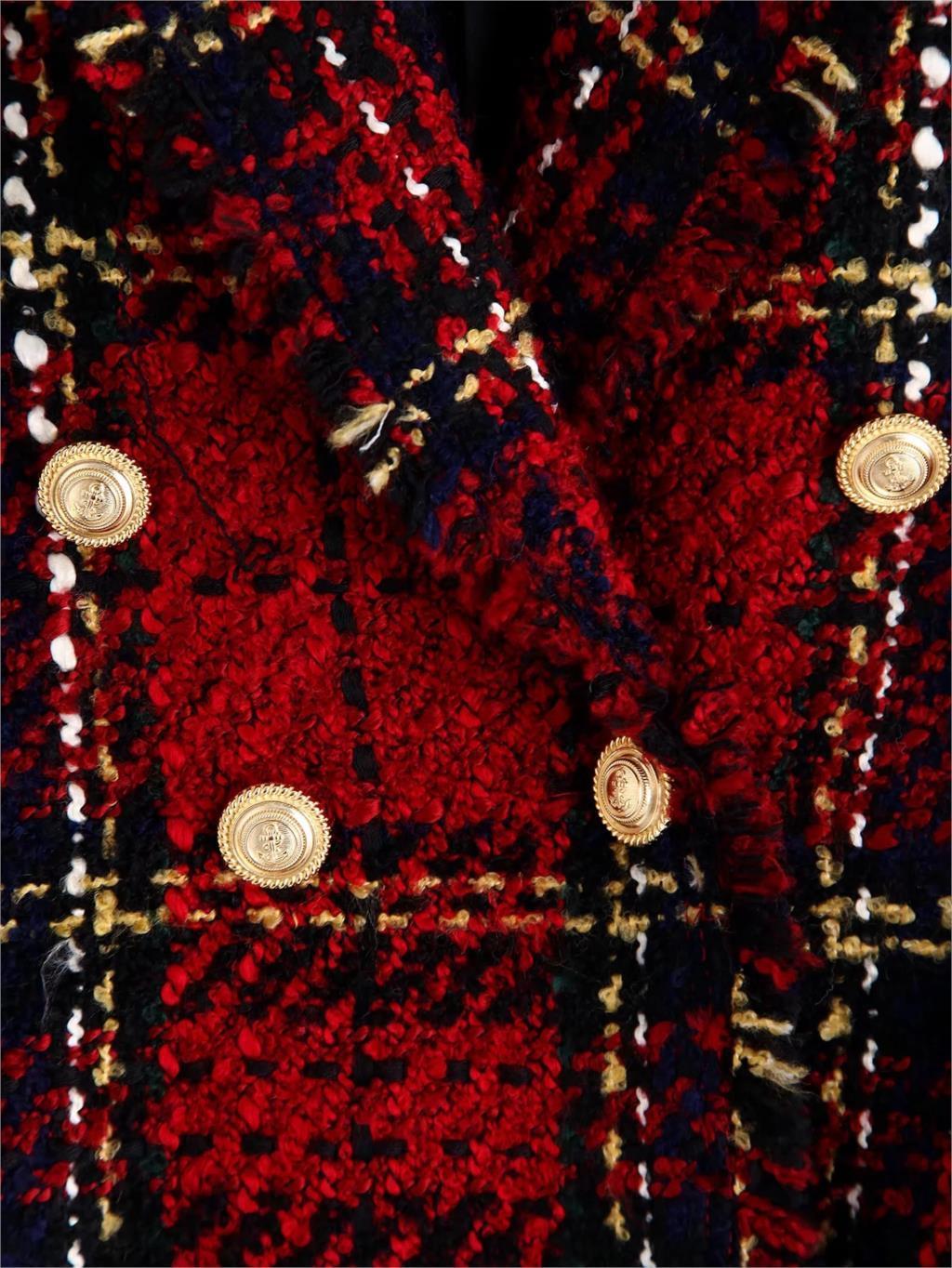 Vintage Double Breasted Tweed Blazer Women Notched Collar Long Sleeve Plaid blazer coat spring casual office suit jacket 201102