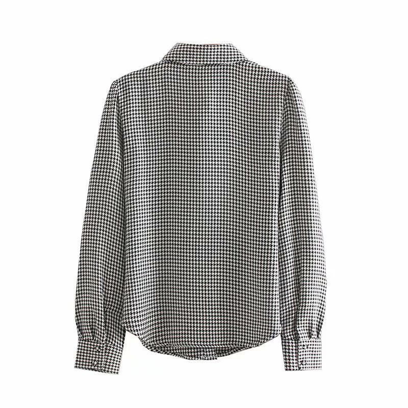 Vintage Elegant Office Lady Houndstooth Blouses Women 2020 Fashion Long Sleeve Pockets Plaid Shirts Blusas Mujer Chic Tops T200321