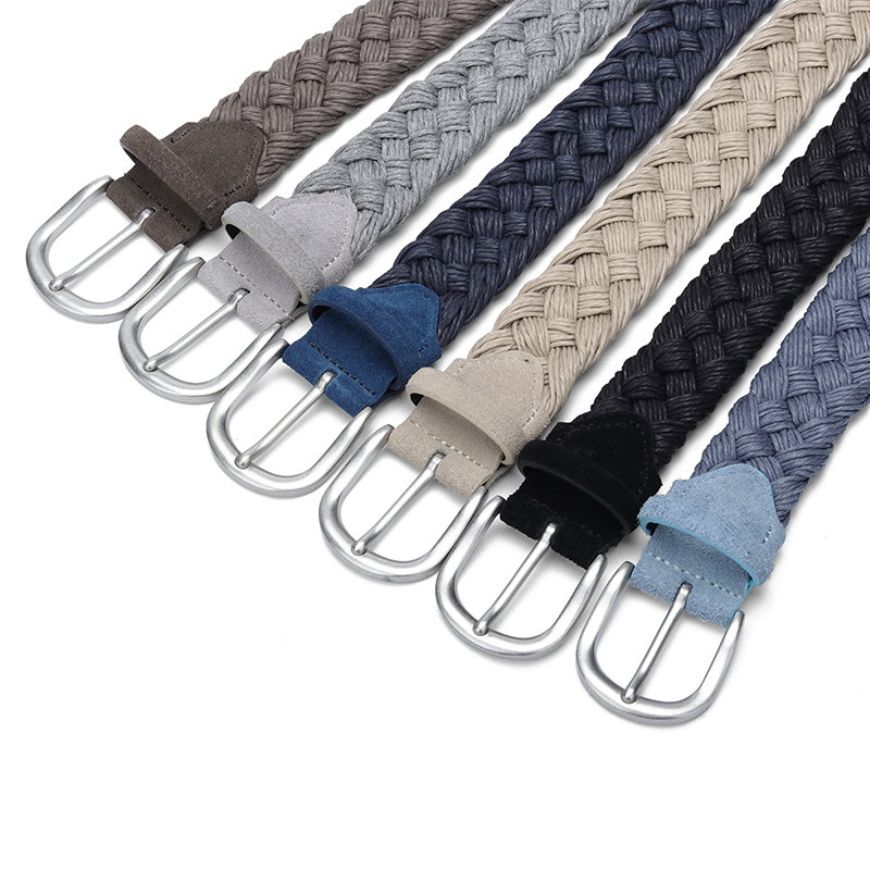 Men Suede Leather Knitted Belt With Wax Rope Braided Strap Antique Silver Buckle Without Holes Cotton Weave Handwork Belts Beige T200113