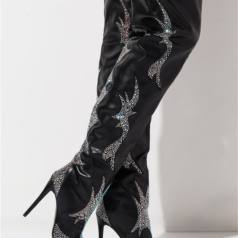 Black Leather Sping Strass Totem Shredded Crystal Woman Pointed Toe on Knee Thin Knight Boots Dsek, Thigh
Black Leather Sping Strass Totem Shredded Crystal Woman Pointed Toe on Knee Thin Knight Boots Dsek, Thigh