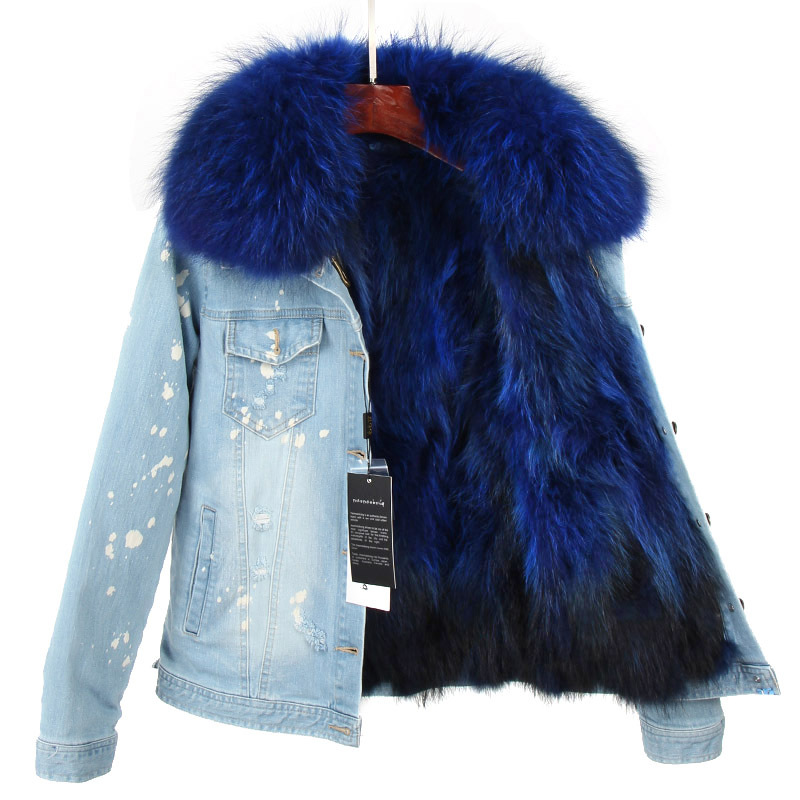 new denim parker raccoon fur, real fur 100% fur short jacket with detachable liner 201217