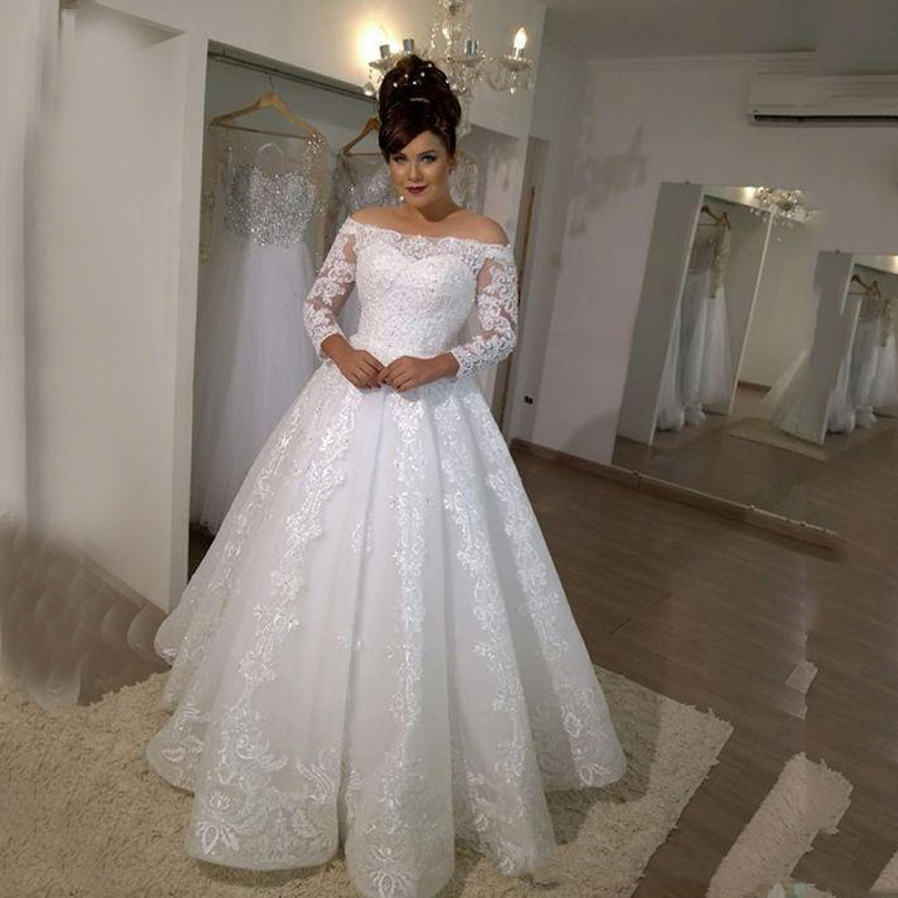 Custom Made Long Sleeves Lace A Line Wedding Dresses with Sequins Appliqued Betuau Neck Sweep Train Plus Size Bridal Gowns, White
Custom Made Long Sleeves Lace A Line Wedding Dresses with Sequins Appliqued Betuau Neck Sweep Train Plus Size Bridal Gowns, White