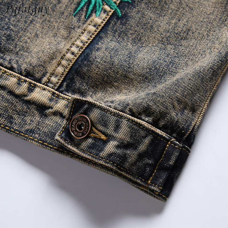 New Men Vintage Sets Embroidered Red Crowned Crane Hole Distressed Jackets + Embroidered Tiger Jeans Mens Clothing 2 Piece Set LJ201124