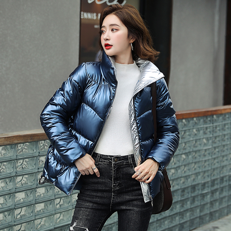 New Women Parkas Short Glossy Down Cotton Jacket Coats Zipper Padded Waterproof parka Pocket Stand collar Shiny coat 201019