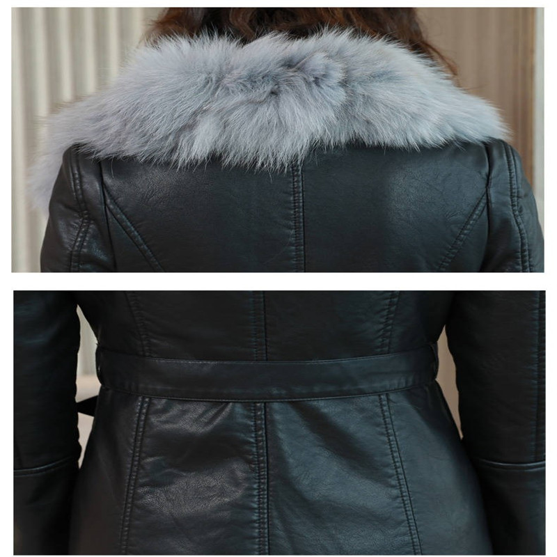 Women's Winter Faux Fur Collar Leather Loose Coats Women's commuter Slim Collect waist plus-size velvet thick Leather jacket 201020