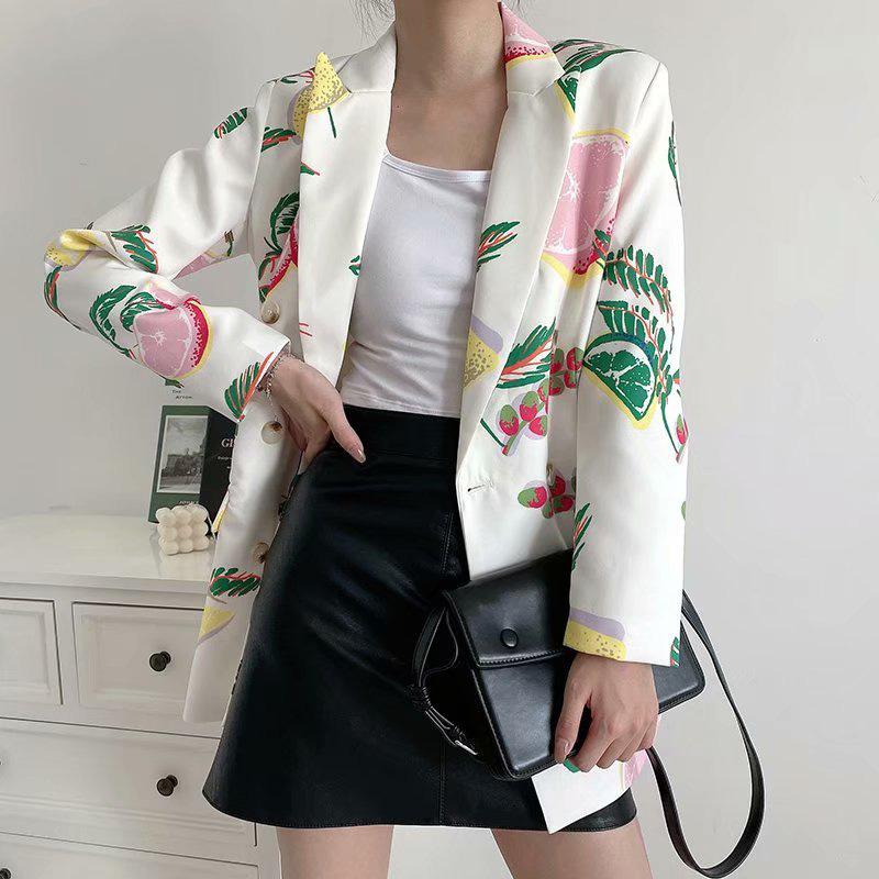 Spring and summer women' jacket casual fruit print double-breasted pocket decorative jacket, Multi
Spring and summer women' jacket casual fruit print double-breasted pocket decorative jacket, Multi