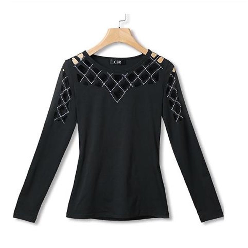 Women Tops And Blouses Plus Size Female Clothing Fashion Casual Crew Neck Hollow-Out Studded Women Long Sleeve Shirt 201126