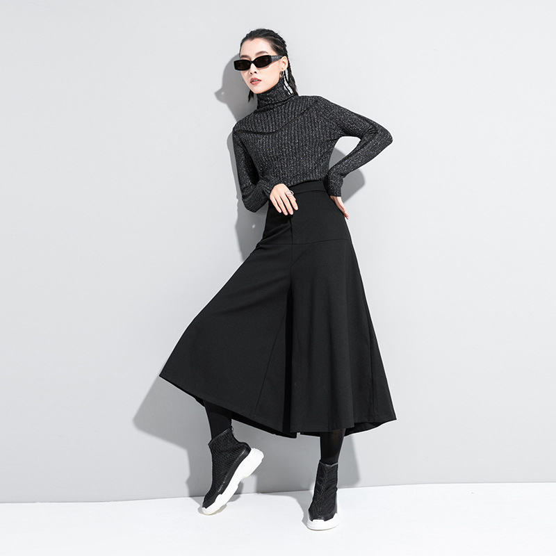 EAM High Elastic Waist Black Brief Long Wide Leg Trousers Loose Fit Pants Women Fashion Spring Autumn 1DA610 201228