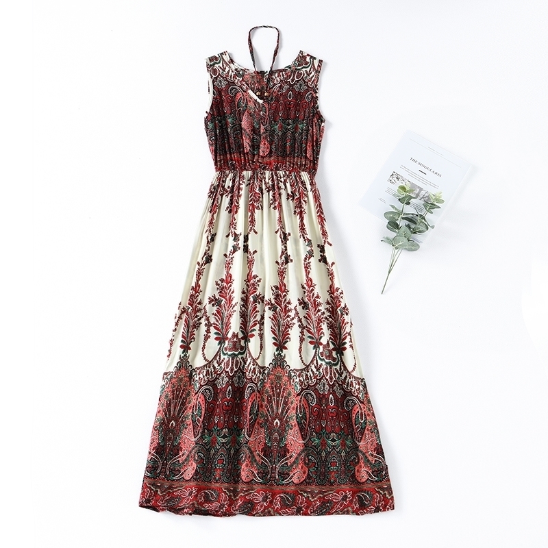 Summer New Vintage Ladies Fashion Blending Bohemia Printed Halter Vneck Midcalf Dres Beading Aline Dress T200526