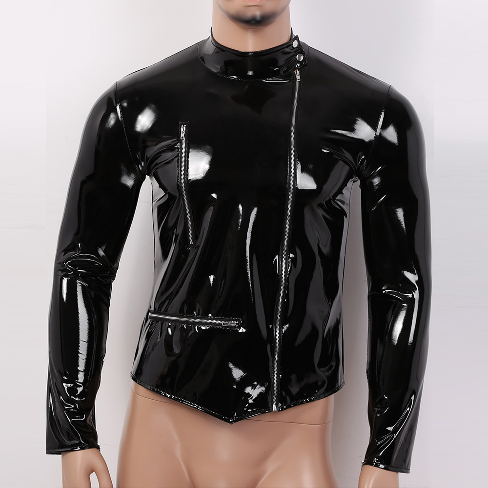 Mens Jacket Coat Wet Look Patent Leather Coat Stand Collar Long Sleeves Front Zippered Motorcycle Jacket Biker Coat punk jackets T200502
