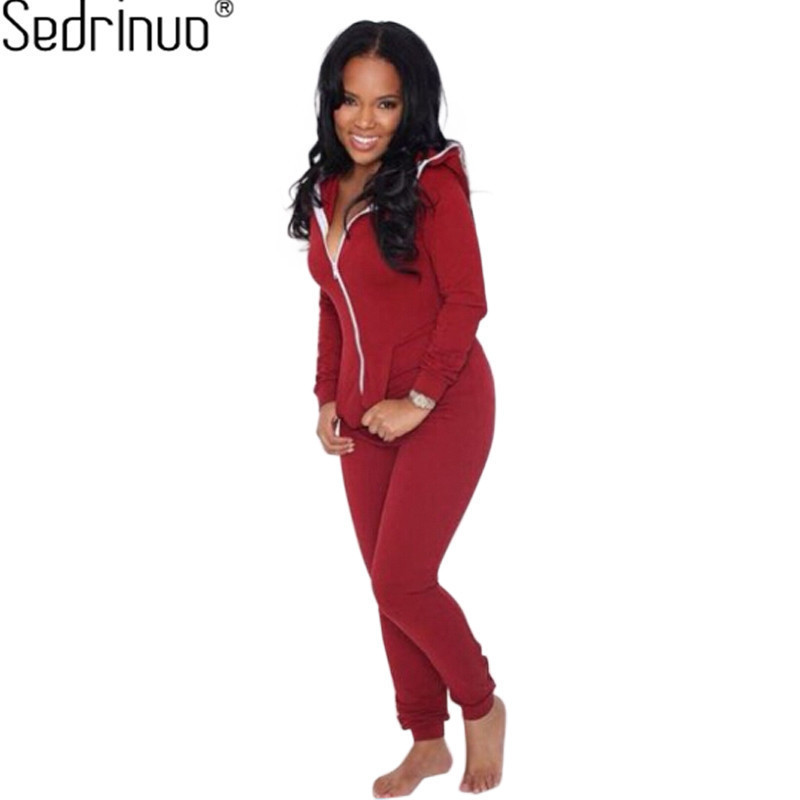 2017 Casual Women Outfits Jumpsuits Long Sleeve Bodycon Front Zipper Hooded Long Pants Sexy BlackRed Rompers Playsuit T200509