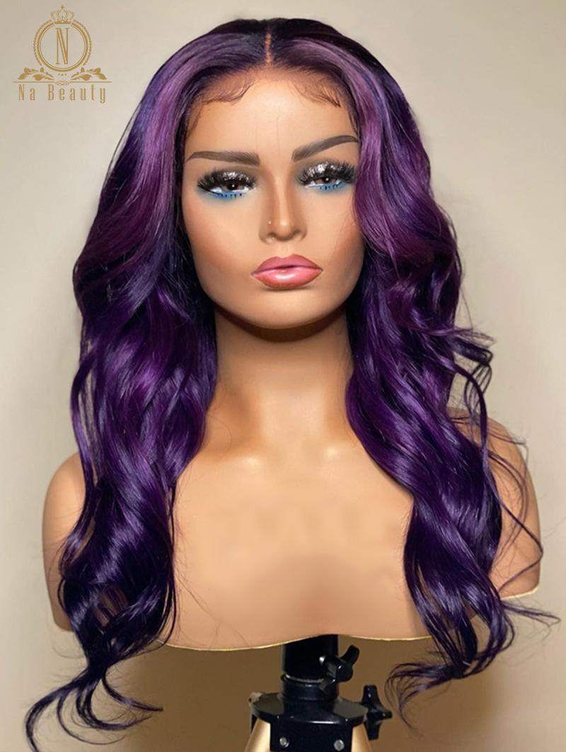 Lace Wigs Violet Purple Color Wig Water Wave Front Human Hair Pre Plucked HD Transparent For Black Women Na Beauty