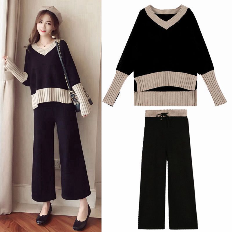 Suit female temperament of autumn outfit new web celebrity fashion knitting coat wide-legged pants goddess brim two suits 201119