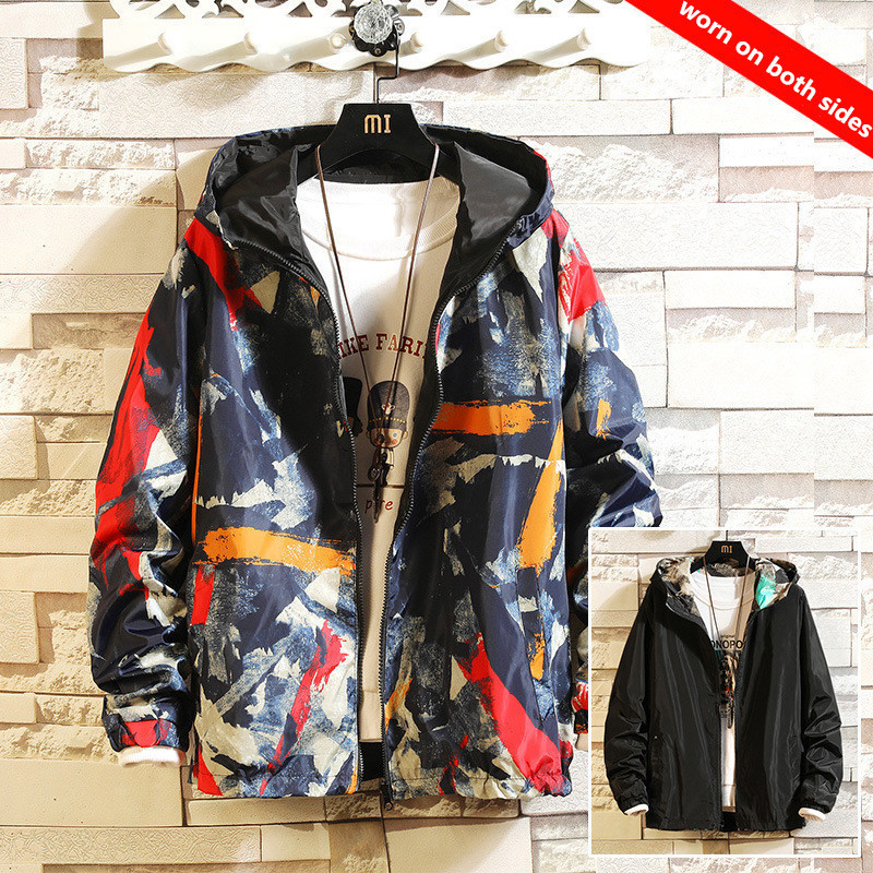 New Men's Jacket Can Be Worn On Both Sides Hooded Windbreaker Men Women Fashion Outwear Printed Street Hip Hop Jacket 201116