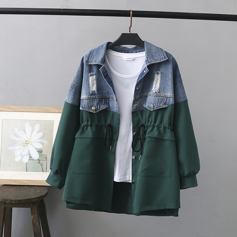 Neploe Jeans Jacket Women Clothes Drawstring Denim Coat Harajuku Patchwork Plus Size Jackets Long Sleeve Windbreaker Female 201017
