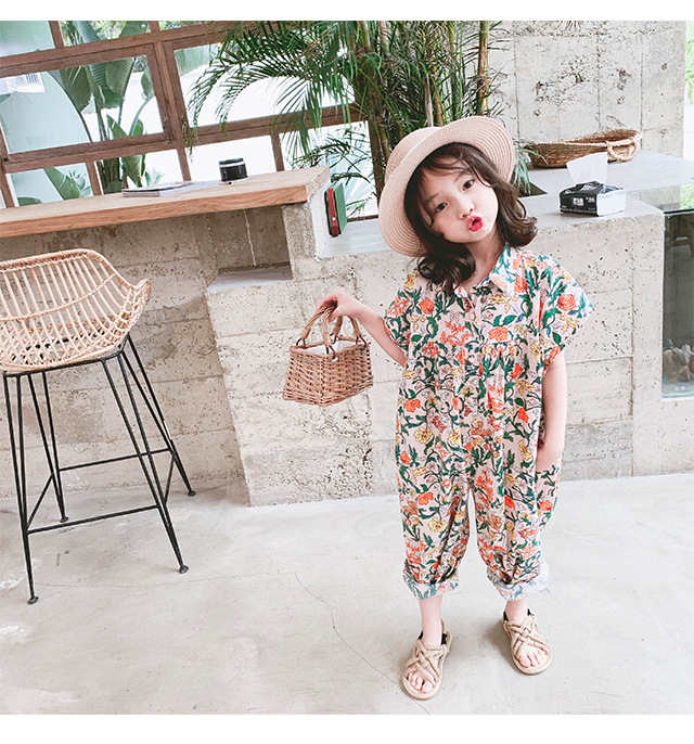Girl Cotton Jumpsuit Shredded Flower Korean Kids Loose Jumpsuit Clothes 3-8 Yrs Old Children Clothing Short Sleeve Baby Rompers Y1221