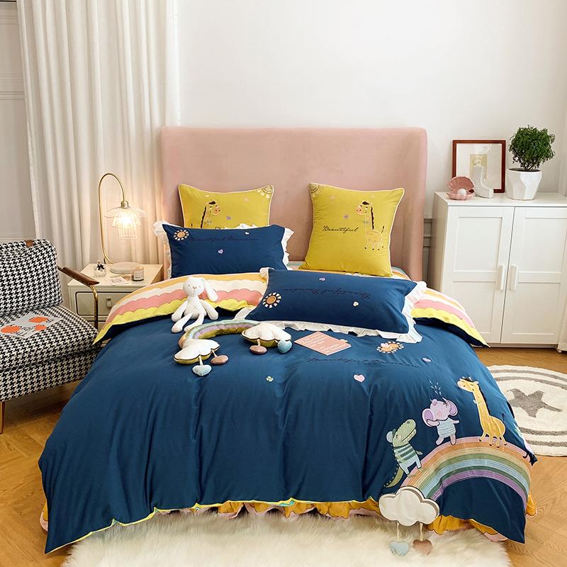 New Blue Cartoon Rainbow Elephant Giraffe Flower Embroidery 100% Washed Cotton Girl Bedding Set Duvet Cover Bed Sheet Pillowcase
New Blue Cartoon Rainbow Elephant Giraffe Flower Embroidery 100% Washed Cotton Girl Bedding Set Duvet Cover Bed Sheet Pillowcase