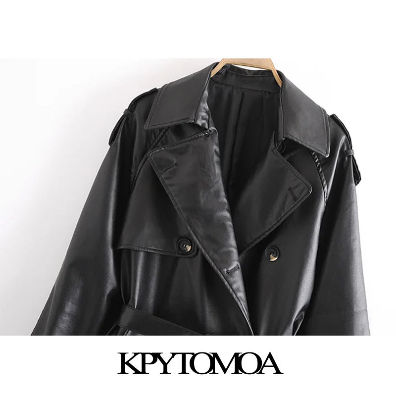 KPYTOMOA Women Fashion With Belt Double Breasted Faux Leather Trench Coat Vintage Long Sleeve Female Outerwear Chic Overcoat 201211