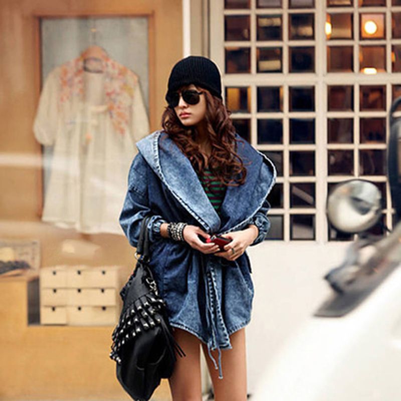 Autumn chaquetas mujer Women Jacket Cardigan Windbreaker Lace Up Bandage Hooded Cloak Denim Jacket Winter denim belt coats 201029