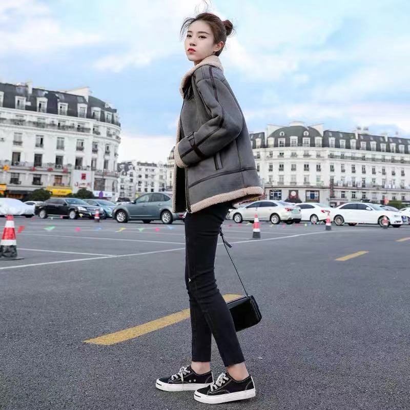 Women Autumn Winter Faux Lamb Leather Jacket Female Faux Leather Lambswool Fur Collar Coats New Warm Thicken Outerwear T200915