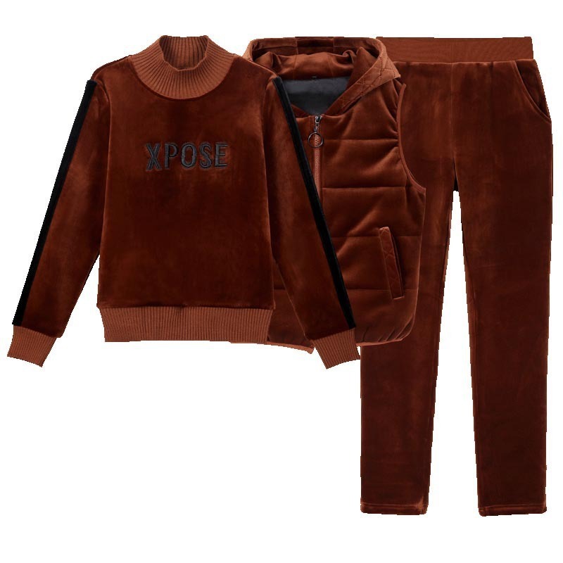 Plus size thicken zip vest sweatsuit tops pants 3 piece suit casual letter embroidery velvet tracksuit solid striped warm outfit 201119