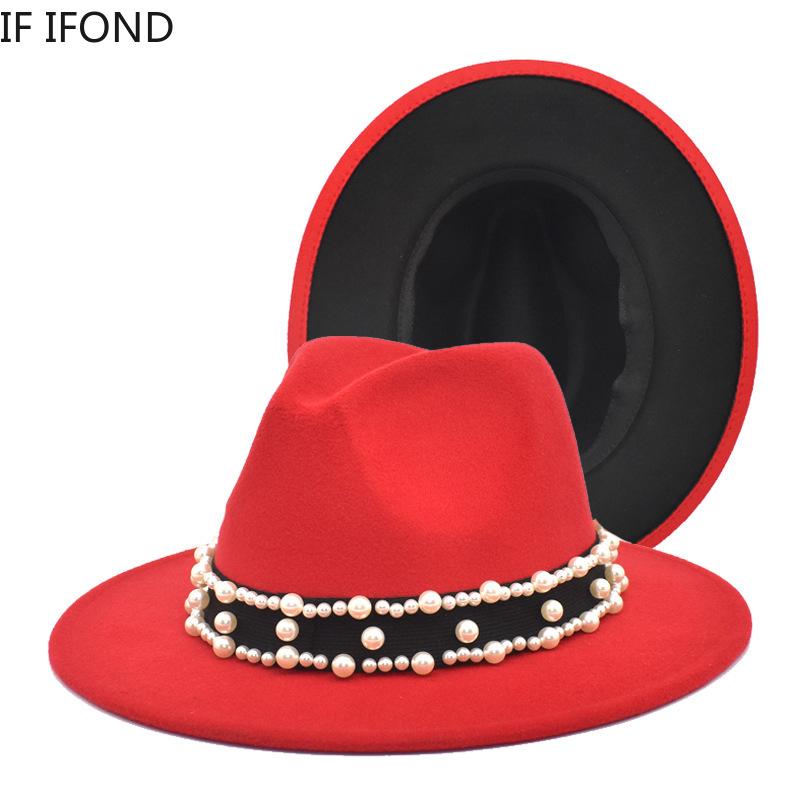 Simple Outer Red Inner Black Patchwork Wool Felt Fedora Hats with Pearl decoration Belt Buckle Wide Brim Trilby Cap Wedding Hat
Simple Outer Red Inner Black Patchwork Wool Felt Fedora Hats with Pearl decoration Belt Buckle Wide Brim Trilby Cap Wedding Hat