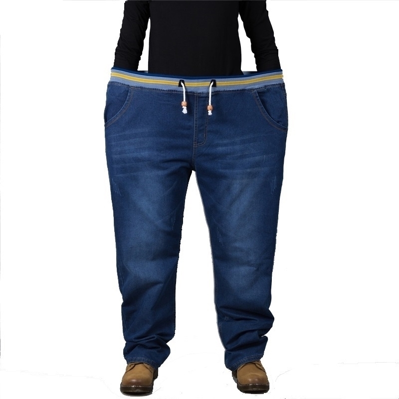 Jeans men elastic waist plus size full length denim pants very big size to 48 201111, Blue