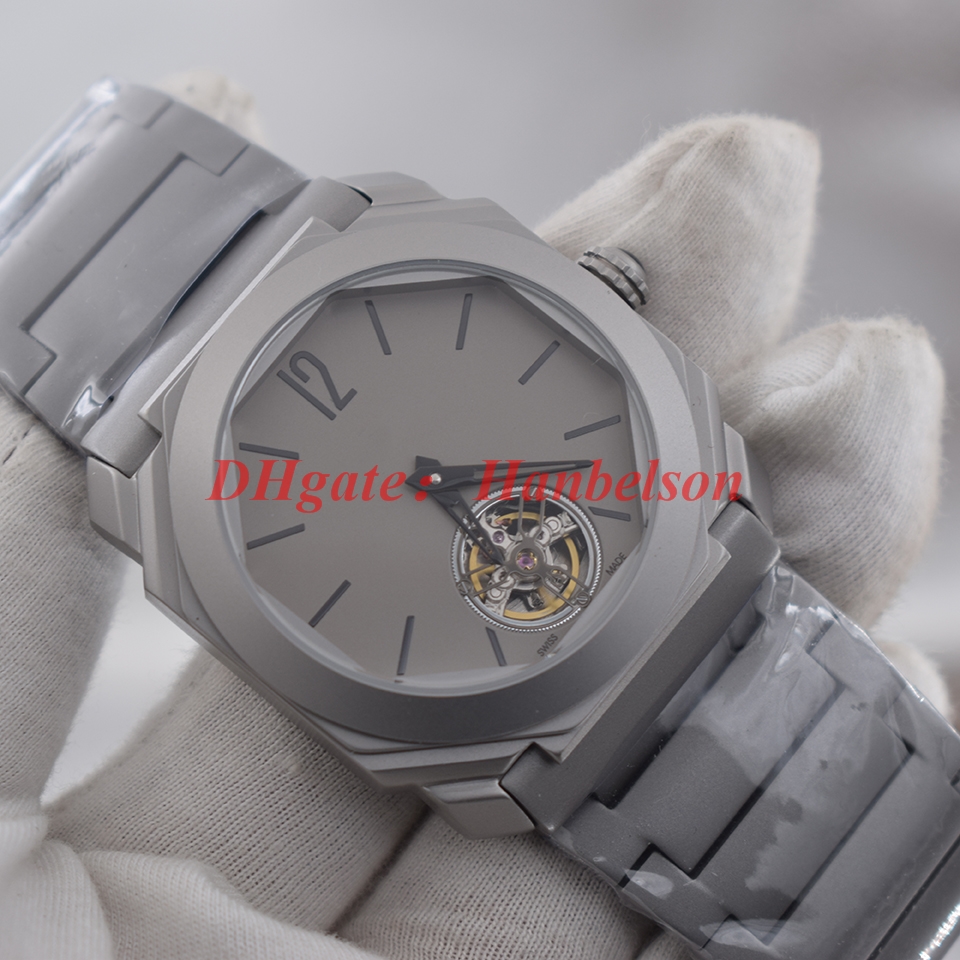 2021 NEW mens watches Grey Titanium steel strap Tourbillon dial automatische uhr Mechanical glass bottom 41mm Wristwatches, 1 automatic movement