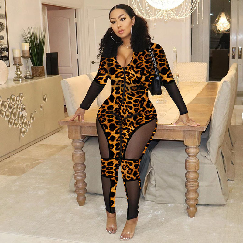 2020 Spring Sexy Jumpsuit Leopard Print See Through Playsuits Bodysuit Rompers Womens Jumpsuit Streetwear Party Night Clothes T200303