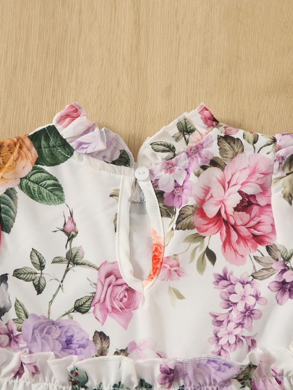 Baby Floral Print Puff Sleeve Keyhole Back Ruffle Trim Dress SHE R250424