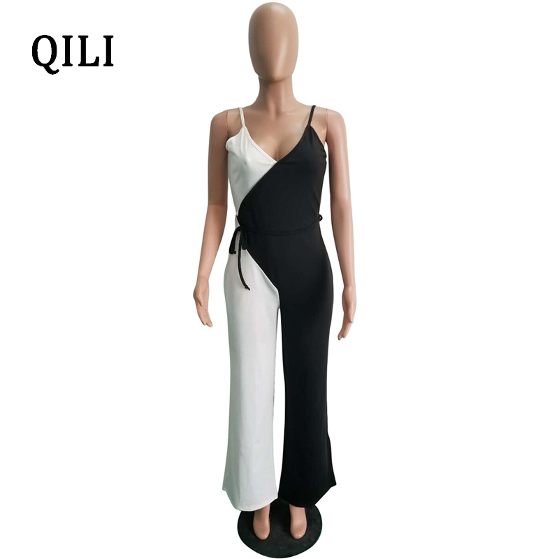 QILI Women Wide Leg Jumpsuits Overall Spaghetti Strap Double Color Jumpsuit Romper Womens Casual Overalls Plus Size S-XXL T200107
