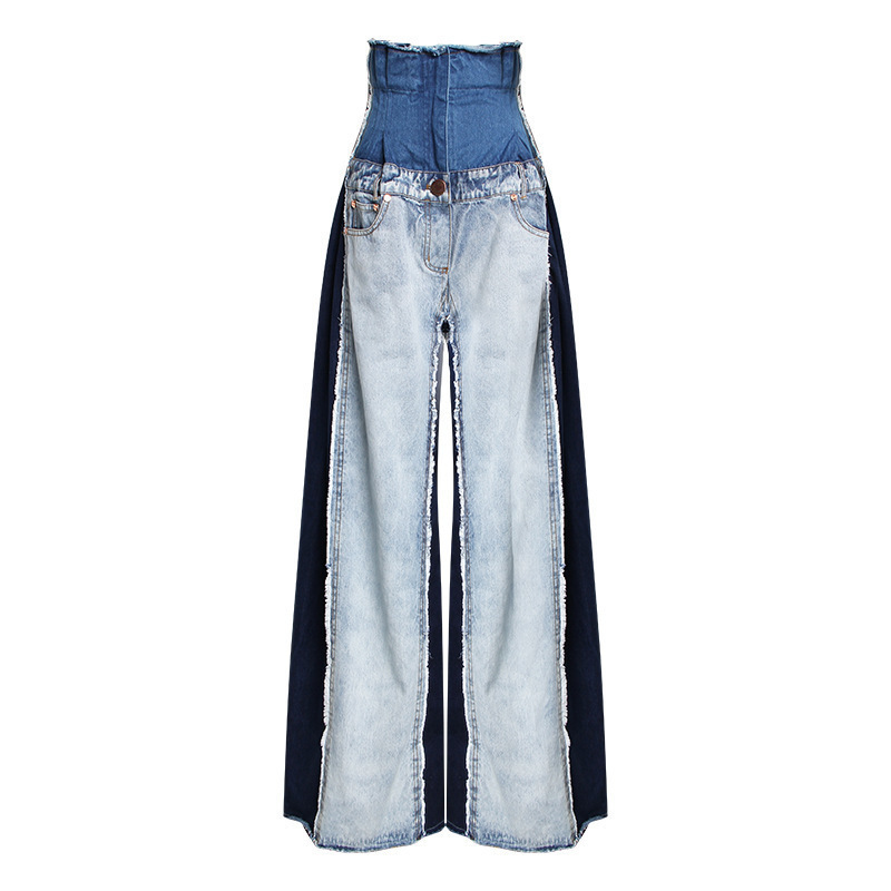 High Waist Wide Leg Denim Jeans For Women - Spring Korean Fashion Patchwork Design SHENGPALAE Jr841