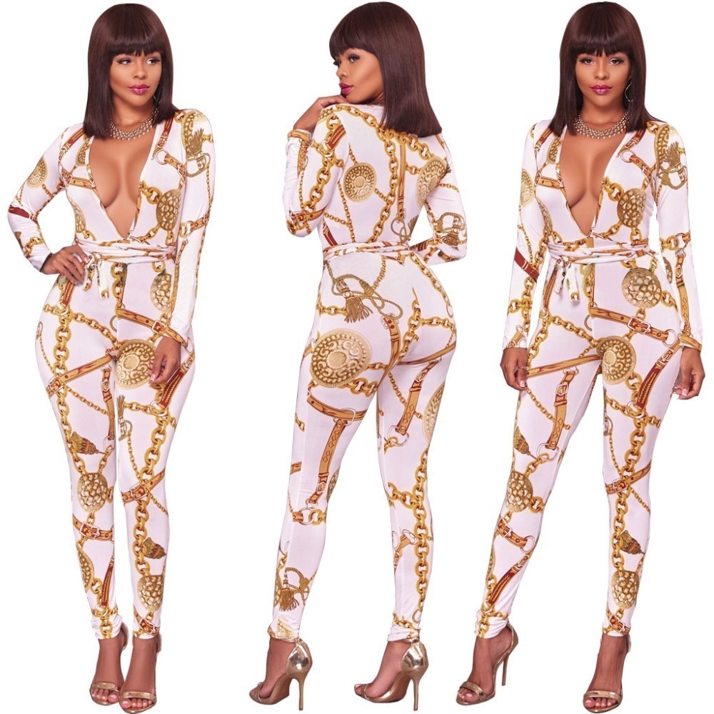 Sexy Elegant With Belt Print Casual Autumn Spring Lady Fashion Bandage Outfit Women Plus Size S-2XL Jumpsuits Rompers 6 Colors T200509