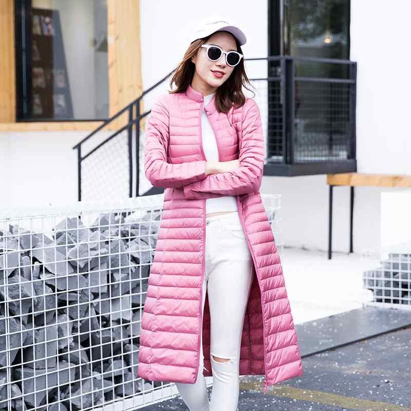 Woman's Ultra Light Down Jackets Stand Collar Slim Knee Length 90% White Duck Down Coats Women Parkas Lady Overcoats JK-7911