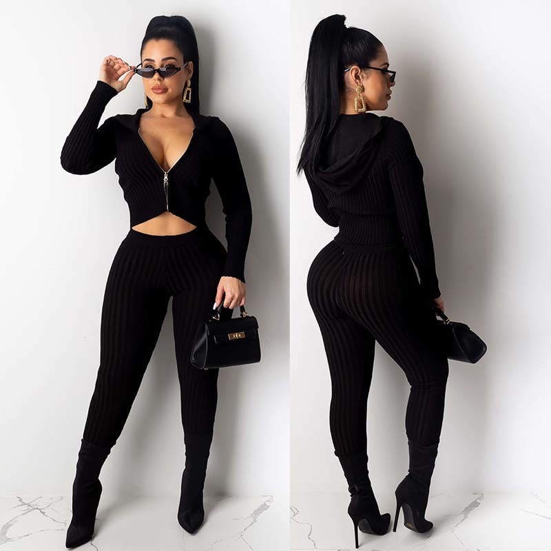 Women Autumn 2 Piece Set Sweater hooded zipper crop toppencil Pants Knitted Suit Knit Set Women Sexy club Two Piece Set Outfit T200821