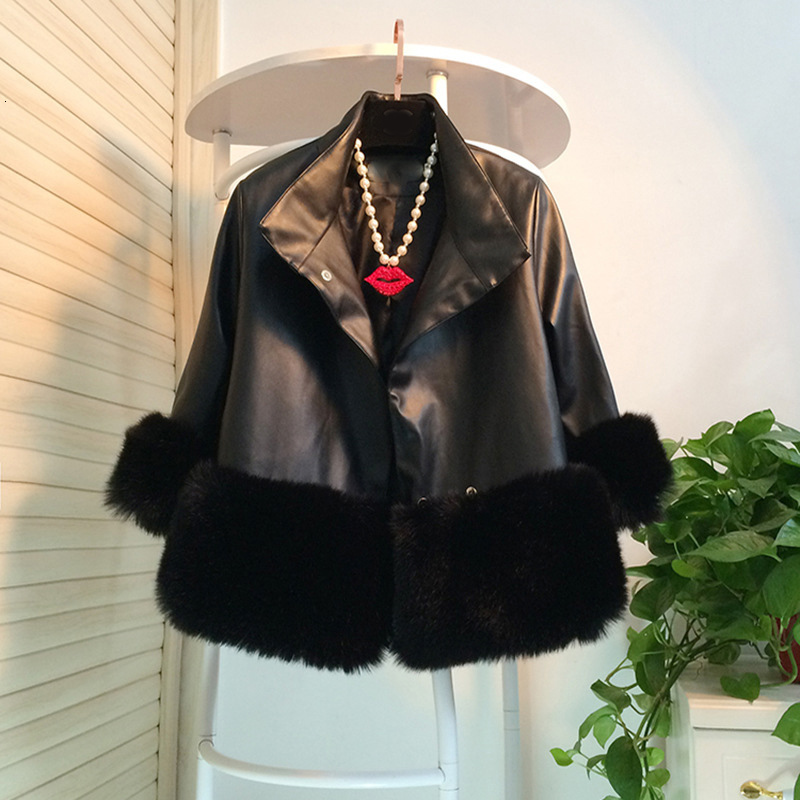 LANMREM Women PU Leather Clothing Autumn winter Loose Long Sleeve Turn-down Collar Artificial Fur short style Coat famale TA876 201020