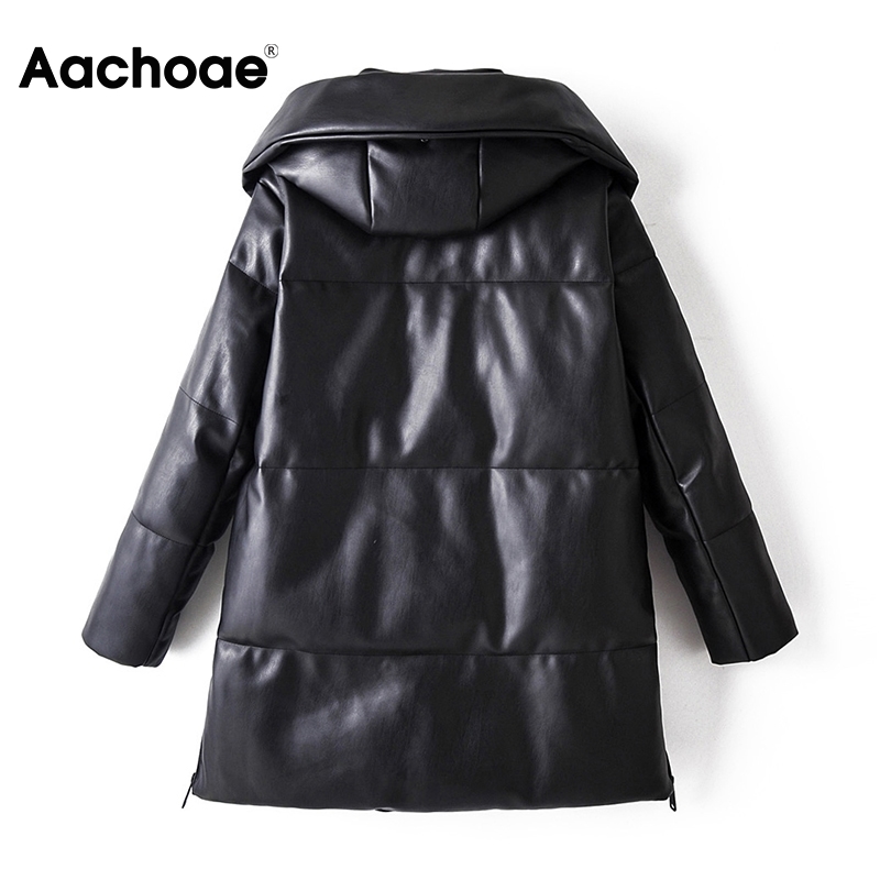 Aachoae Winter Casual Faux Leather Black Coat Women Long Sleeve Thick Warm Jacket Lady Pu Leather Midi Long Hooded Tops 201226