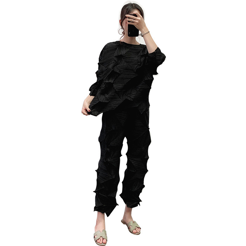 LANMREM roud neck full sleeves pleated three quarter sleeves T-shirt and high waist elastic wide legs pants set 201119