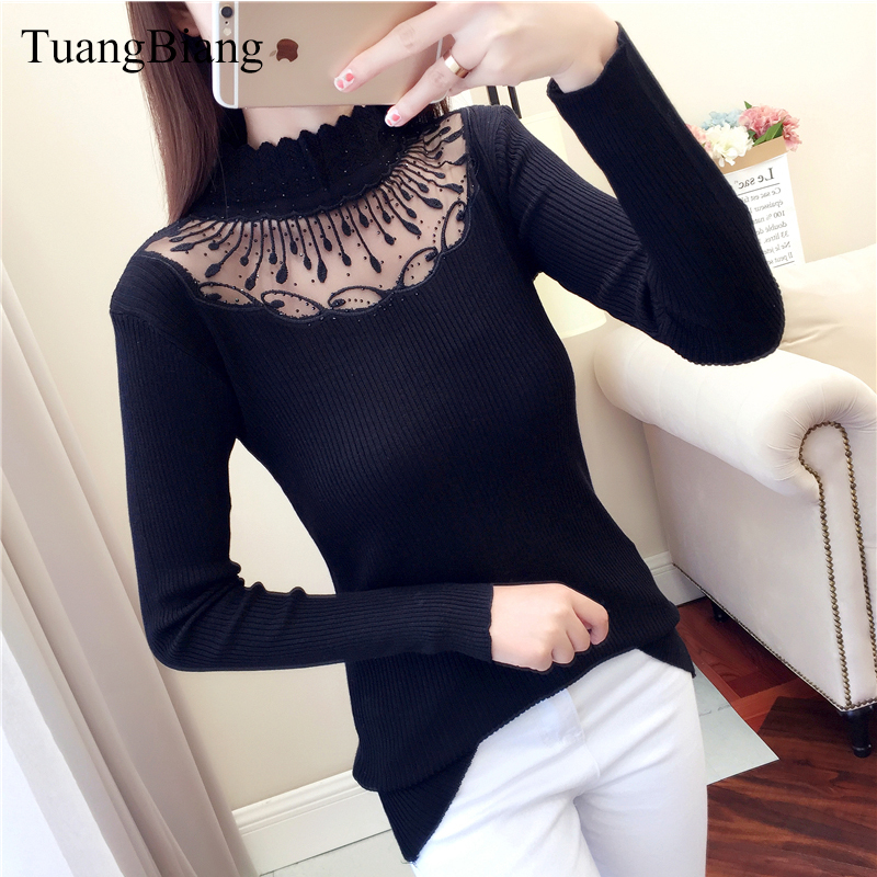 Lace Turtleneck Pullovers Sexy Sweaters Hollow Out Winter Ladies White Sweaters Elasticity Bodycon Basic Long Sleeve Jumper 201224