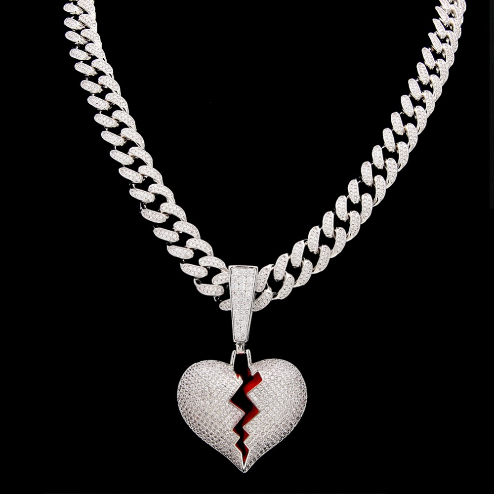 Hip Hop Jewelry Designer Necklace Iced Out Pendant Cuban Link Chain Gold Dia Break Heart Pendants Bling Charm Rapper Men Wedding Free shipping Free sh