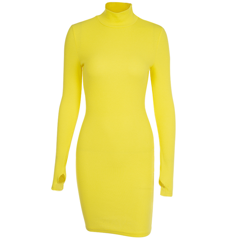 InstaHot Turtleneck Long Sleeve Skinny Mini Dress Women Autumn Sexy Sporting Style Dresses 4 Color Bodycon Slim Yellow Clubwear T200521