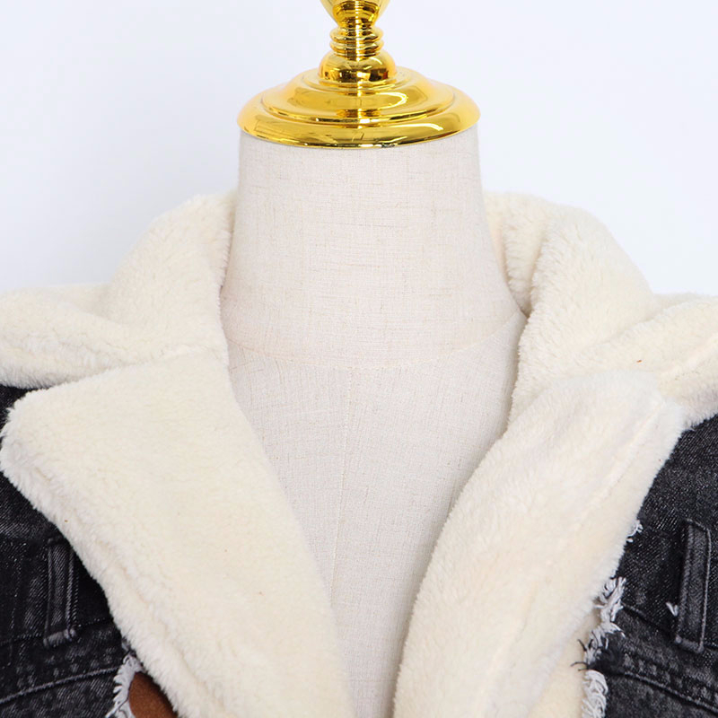 TWOTYLE Patchowrk Denim Lambswool Jacket Women Lapel Long Sleeve Thick Coat Tops Female Winter Casual Fashion Big Size 201017