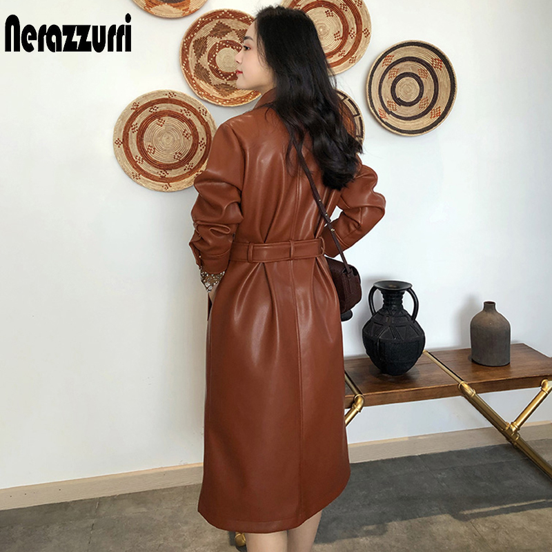 Nerazzurri Autumn brown leather coat women long sleeve belt buttons Plus size long leather shirt women 7xl Leather trench coat 201020