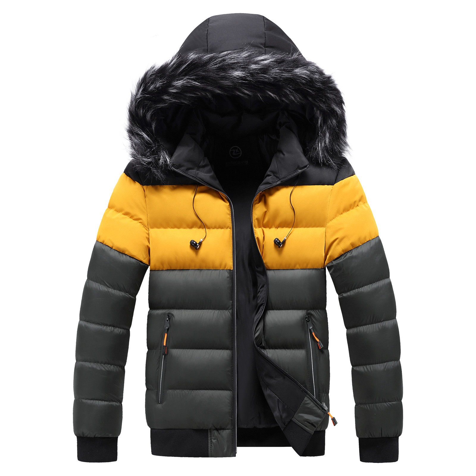 Mens Fur Jacket Winter Autumn Patchwork Hooed Zipper Coat Outwear Male Thicken Padded Bomber Jacket Plus Size Parkas Headphone 201027
