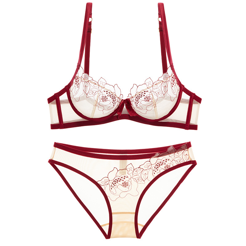 Shaonvmeiwu Ultrathin gauze sexy embroidery lace bra lingerie suit comfortable perspective breathable small chest women's bra T200602