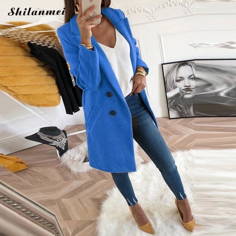 New Women Long Sleeve Turn-Down Collar Outwear Jacket Wool Blend Coat Casual Autumn Winter Elegant Overcoat Loose Plus Size T200319